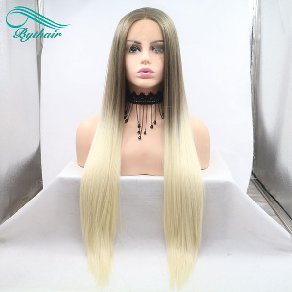 Bythair Brown To Blonde Two Tones Ombre Silky Straight Wigs Synthetic Lace Front Wigs For Women Heat Resistant Long Hair Wigs