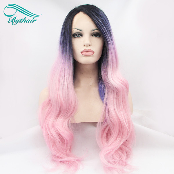 Bythairshop Black Root Ombre Blue/Purple To Pink Colorful Heat Resistant Fiber Body Wavy Soft Synthetic Lace Front Wig Free Shipping