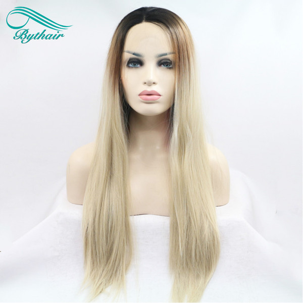 Bythairshop Ombre Straight Long Hair Dark Roots Brown To Blonde Synthetic Lace Front Wigs For Women Heat Resistant Fiber For Women