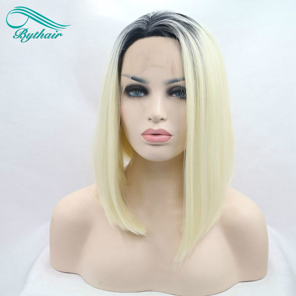 Bythairshop Blonde Bob Hair Wig Ombre Synthetic Lace Front Wigs Heat Resistant Fiber With Dark Roots For Women