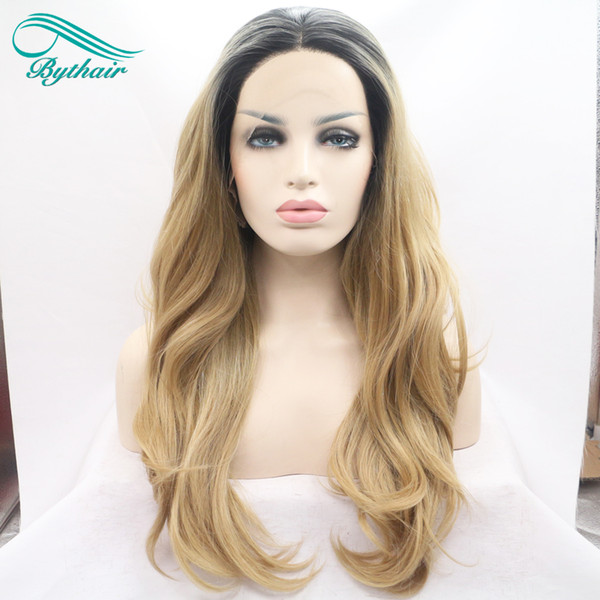 Bythair black to light brown two tones ombre hair body wave lace front synthetic wigs heat resistant fiber wig