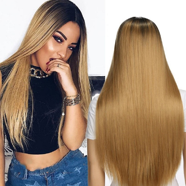 AISI HAIR Long Straight Wig Ombre Blonde Hair for Woman Dark Roots Wigs Natural Looking Synthetic Fiber Wig