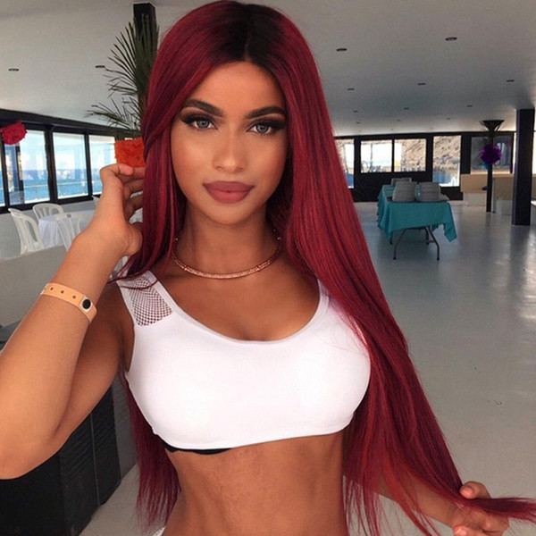 AISI HAIR Long Straight Hair Ombre Wine Red Wigs for Woman Long Dark Root Wig Middle Part Synthetic Fiber Wig