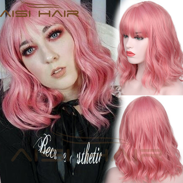 AISI HAIR Short Pink Wig Wavy Synthetic Hair Wigs With Air Bangs Heat Resisit Curly Wig for Women