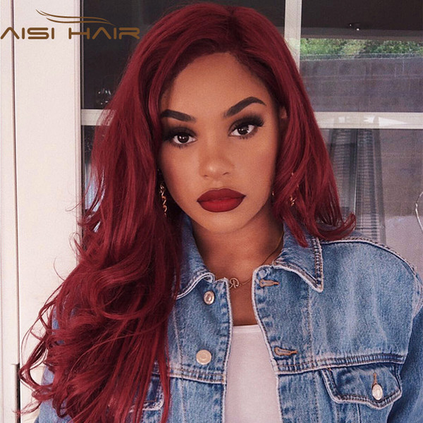 AISI HAIR Long Natural Wave Wigs Wine Red Hair Side Part Wigs Synthetic Heat Resistant Wig For Women