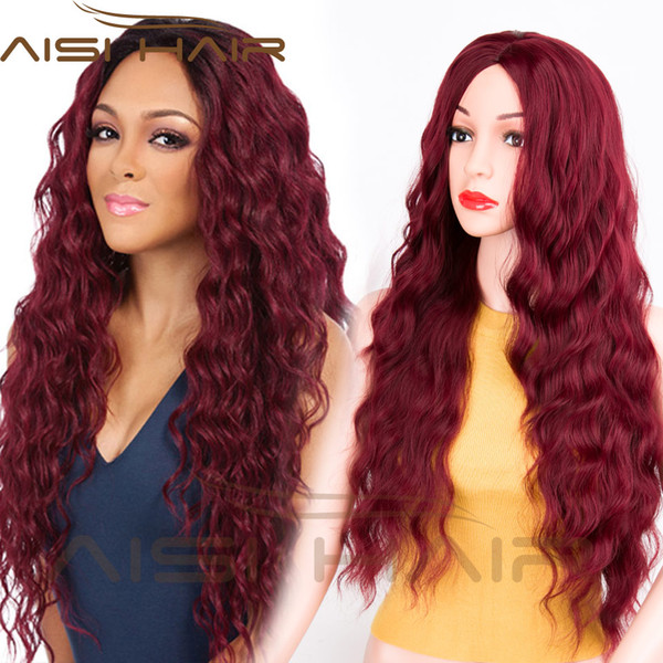 AISI HAIR Long Wavy Wine Red Hair for Woman Long Curly Middle Part Wigs with No Bangs for Female Synthetic Fiber Wig