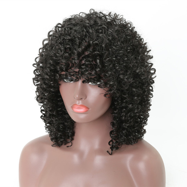 Kinky Curly Wigs for Black Women Synthetic Hair Color #1B Natural Black Mixed Synthetic Wigs No Lace 16 Inches