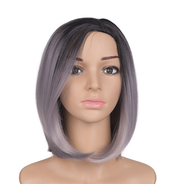 Mtmei Hair Short Straight Granny Gray Synthetic Bob Wigs Costume Cosplay Salon Party Hairpiece Heat Resistant Fiber with Flat Bangs