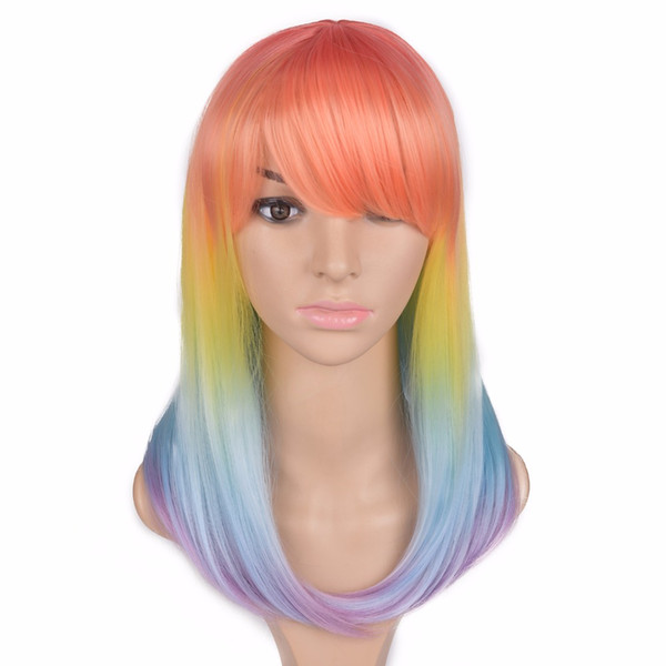 Synthetic Wig Women's Cosplay Straight Medium Party Wig Pony Rainbow Color For Women Black Red African Hair High Temperature Fiber