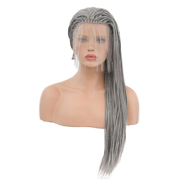 Braided Wigs Heat Resistant Fiber Siver Grey Long Synthetic Braided Lace Front Wigs For Women Wig With Baby Hair