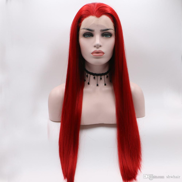 Red Synthetic Lace Wig With Baby Hair Hand Tied Long Straight Glueless Color Red Lace Front Wigs Synthetic Pre Plucked