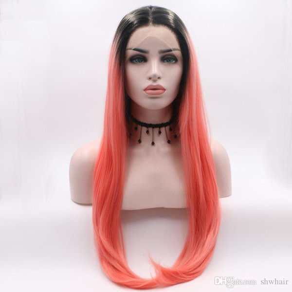 Ombre Lace Front Wig Synthetic Black Root Silky Straight Long Straight Heat Resistant Two Tone Ombre Synthetic Wigs For White Women