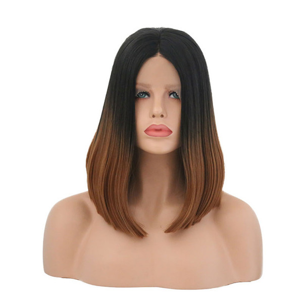 Synthetic Bob Lace Wigs Dark Roots Ombre Brown Short Straight Bob Synthetic Hand Tied Wig Heat Resistant Fiber Hair For Women