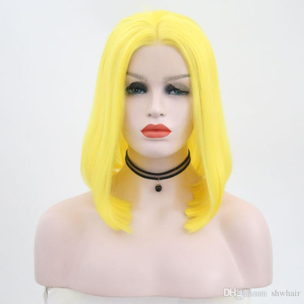 Short Wigs Synthetic Yellow Color Heat Resistant Fiber Hair Glueless Bob Short Synthetic Lace Front Wigs For White Women Middle Part