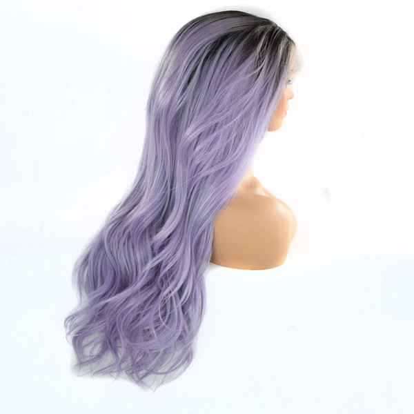 Synthetic Lace Front Wig Heat Resistant Natural Wave Black Root Ombre Light Lavender Purple Heat Resistant Fiber Middle Part