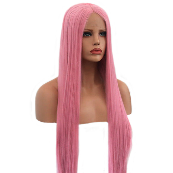 Straight Hair Lace Front Wigs with Natural Hairline Pink Color High Temperature Fiber Synthetic Wig for White Women