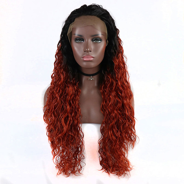 180 Density Water Wave Hand Tied Synthetic Lace Front Wig Dark Roots Ombre Auburn Burgundy Red Heat Resistant For women