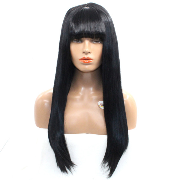 Synthetic Silky Straight Cheap Wigs With Bang Heat Resistant Fiber Hair Synthetic Hair Glueless Front Lace Wigs With Bangs