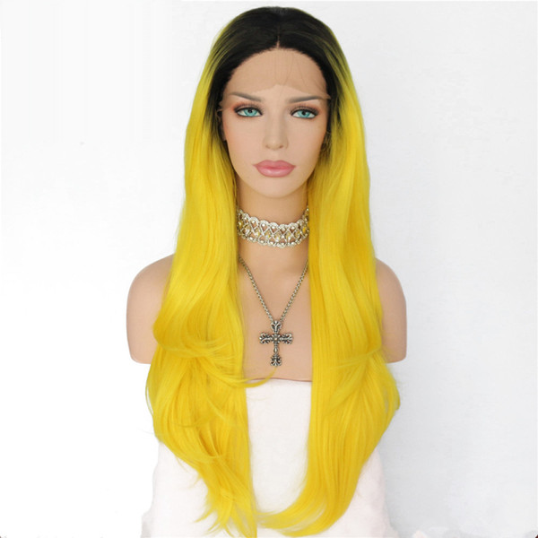 Hand Tied Natural Long Straight Ombre Black To Yellow Heat Resistant Fiber Hair Synthetic Lace Front Wigs Free Part