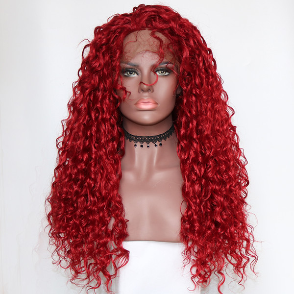 Red Curly Synthetic Wig Heat Resistant Fiber Glueless Hand Tied Red Color Long Curly Synthetic Lace Front Wigs For Black Women