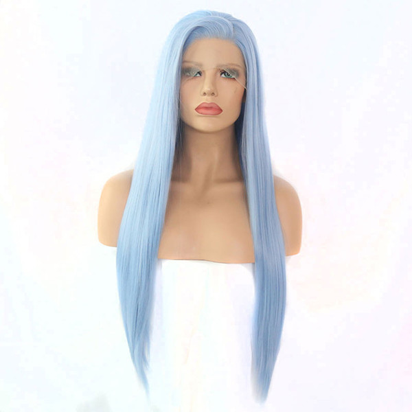 Light Blue Wig Long Straight Synthetic Lace Front Wig Heat Resistant Fiber Hair Natural Hairline Side Part