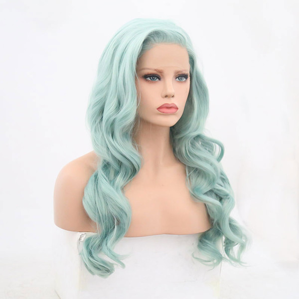 Synthetic Body Wave Lace Wig Blue Green Glueless Heat Resistant Fiber Hair Lace Front Wigs Natural Hairline Side Part For Women