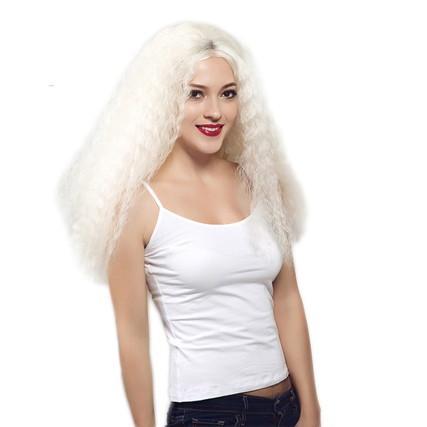 White Synthetic Heat Resistent Wig Kinky Curly White Color Long Full Hair Wig Free Parting Glueless Fiber Hair Synthetic Front Lace Wig