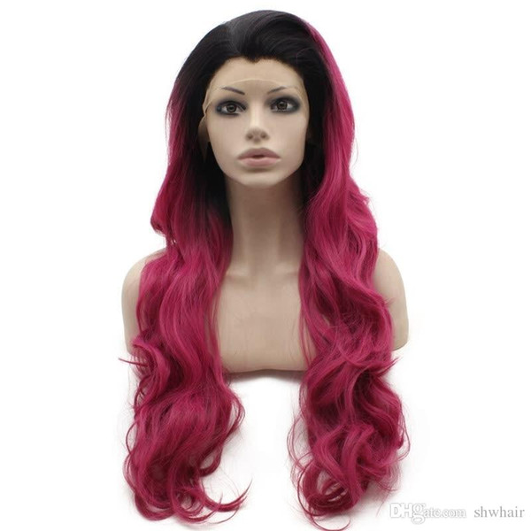 Rose Red Synthetic Lace Front Wig Ombre For White Women Heat Resistant Fiber Hair Long Wavy Red Synthetic Hair Ombre Lace Wigs Dark