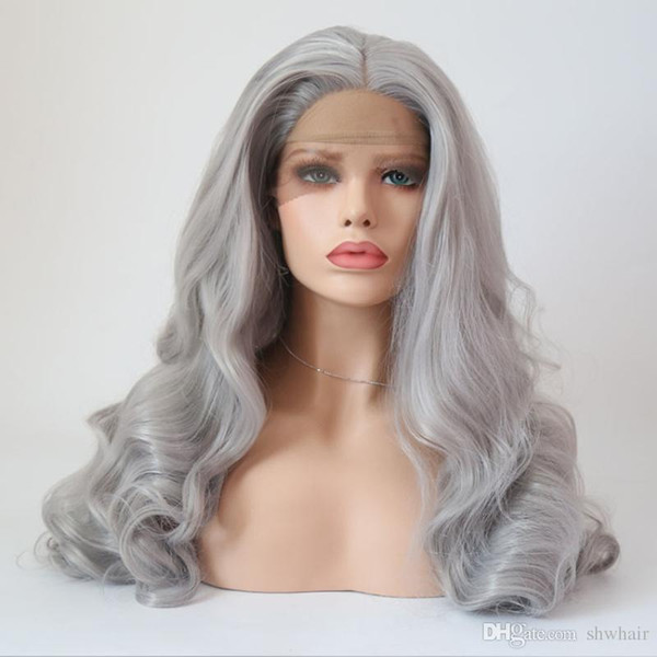 Grey Synthetic Wigs With Baby Hair High Temperature Glueless Long Wavy Grey Silver Synthetic Lace Front Wig For White Women