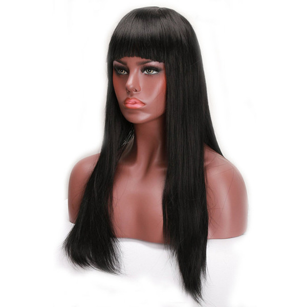 Synthetic Lace Front Wigs With Bangs Long Black Silky Straight Heat Resistant Glueless Lace Front Synthetic Wigs With Baby Hair