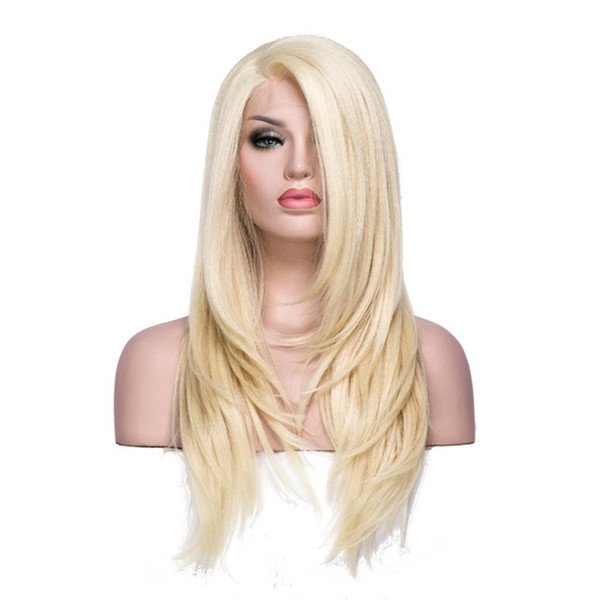 Lace Front Wig Synthetic Blonde Color Glueless Hand Tied Transparent Lace Long Straight Synthetic Lace Front Wig For White Women