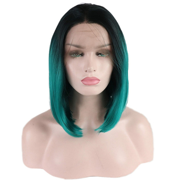 Synthetic Lace Front Wig Short Green Ombre Heat Resistant Fiber Hair Glueless Straight Short Green Ombre Synthetic Lace Front Hair Wigs For