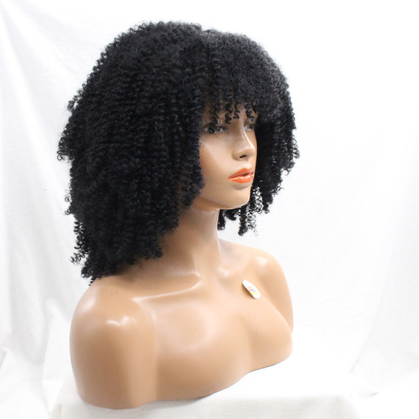 Afro Kinky Curly Synthetic Hair Front Lace Wigs With Full Bangs Baby Hair 180 Density Synthetic Wig For African Americans