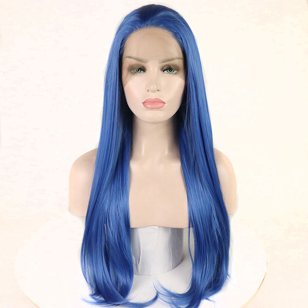 Straight Light Blue Synthetic Lace Front Wigs Glueless Heat Resistant Fiber Hair Free Parting For White Women