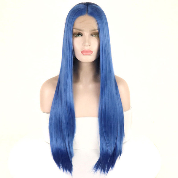 Synthetic Lace Front Wig For Sale Blue Color Silky Straight Heat Resistant Fiber Hair Natural Hairline With Baby Hair