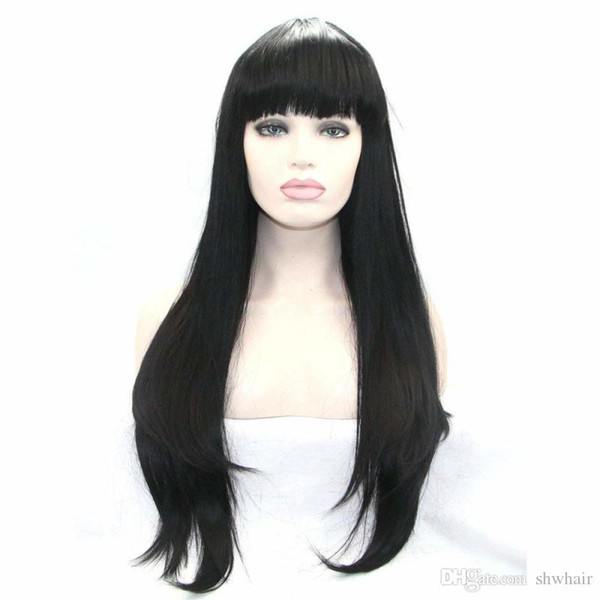 Synthetic Wig With Bangs Glueless Long Straight Black Color Heat Resistant Synthetic Lace Front Wigs For Black Women