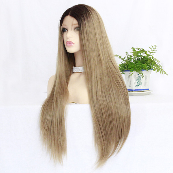 Ombre Brown Silky Straight Glueless Synthetic Lace Front Wig With Baby Hair Heat Resistant Wigs For Black Women