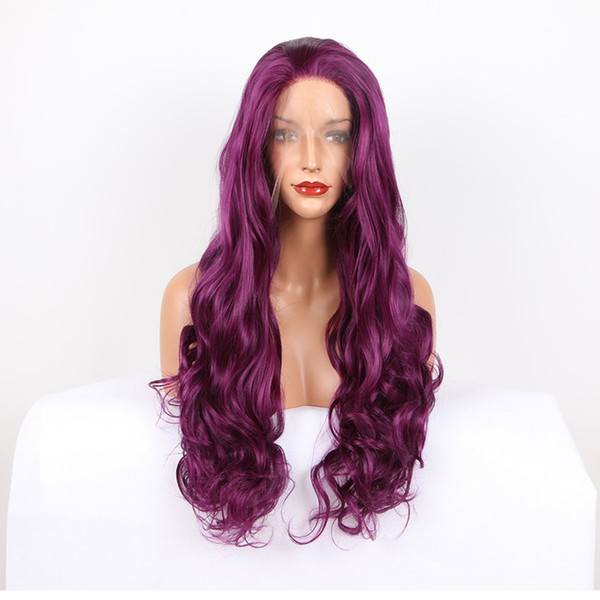 Purple Black Lace Front Wigs Natural Looking Half Hand Tied Long Wavy Heat Resistant Fiber Synthetic Wig Free Part