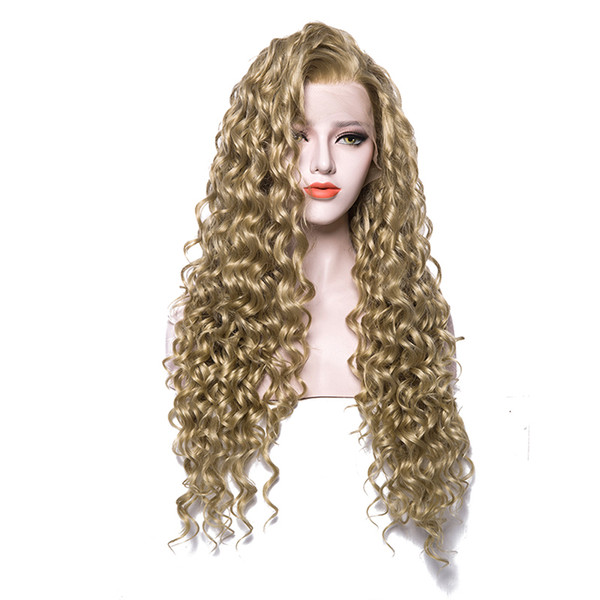 High Quality Synthetic Lace Wigs Curly Blonde Pure Color Long Brown Curly Free Part Synthetic Lace Front Wig