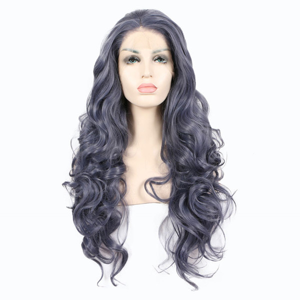 Grey Blue Bouncy Curly Hand Tied Synthetic Lace Front Wig Glueless Heat Resistant Fiber Natural Hairline For Women