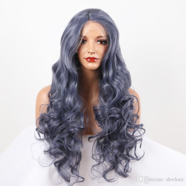 Blue Grey Color Synthetic Lace Front Wigs Heat Resistant Glueless Long Body Wave Grey Blue Synthetic Hair Lace Wig For Black Women