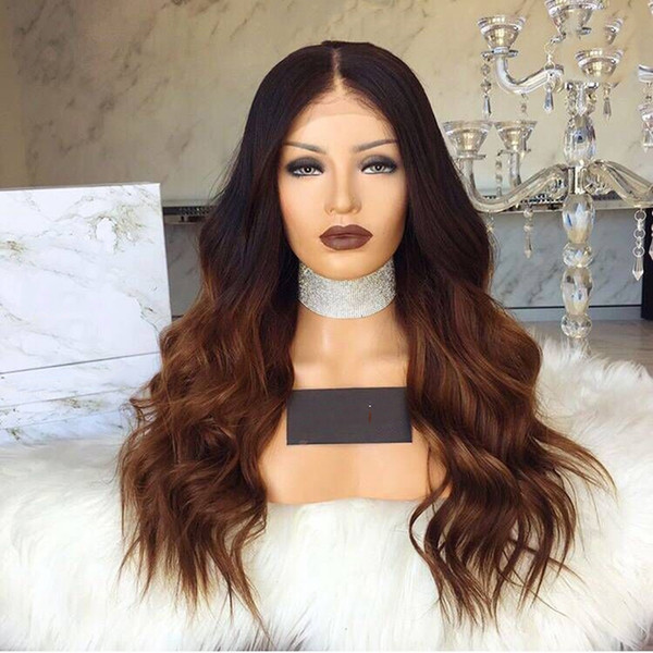 Brown Synthetic Wig For African American Ombre Brown Body Wave High Temperature Fiber Hair Front Lace Synthetic Hair Wigs 180 Density