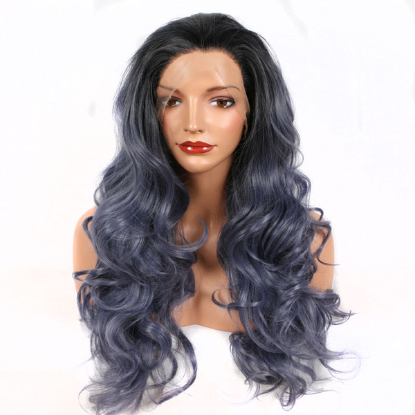 Dark Roots Ombre Blue Grey Body Wave Synthetic Lace Front Wig Heat Resistant Fiber Hair Free Parting For Women Wigs