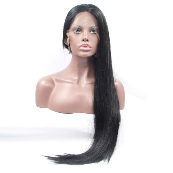 30 Inch Long Black Straight Hand Tied Synthetic Lace Front Wig Natural Hairline Middle Part Heat Resistant Fiber With Baby Hair