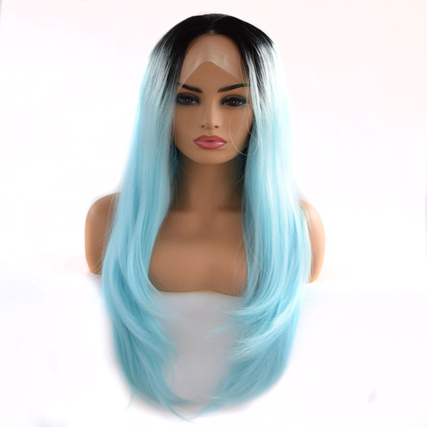 Synthetic Ombre Lace Front Wig Long Straight Black Roots Ombre Blue 2 Tones Color Heat Resistant Fiber Middle Pat For Women