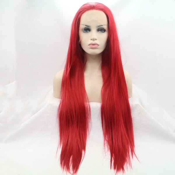 Red Lace Front Wig Long Straight Natural Looking High Temperature Fiber Red Color Synthetic Lace Front Wigs For Women