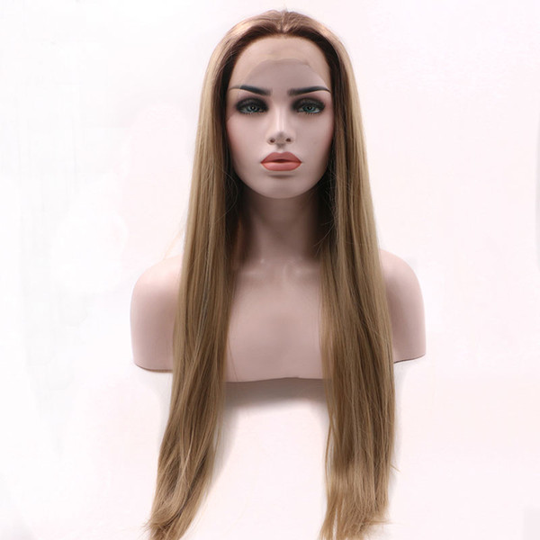 Brown Synthetic Wig Ombre Long Straight Full Head Half Hand Tied 2 Tones Light Brown To Ash Blonde Synthetic Lace Front Wig