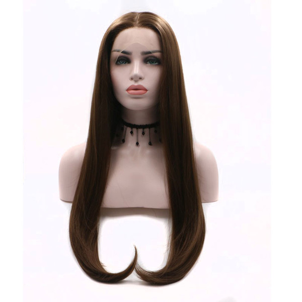 Dark Brown Synthetic Wig With Baby Hair Natural Brown Color #6 Long Straight Glueless Heat Resistant Fiber Synthetic Lace Front Wiigs