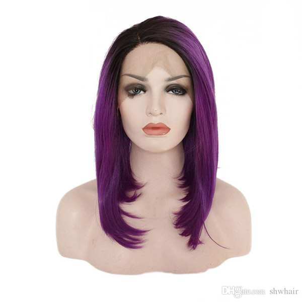 Purple Ombre Synthetic Lace Wig Heat Resistant Short Bob Cut Hand Tied Soft High Density Ombre Black To Purple Lacefront Wigs For Women