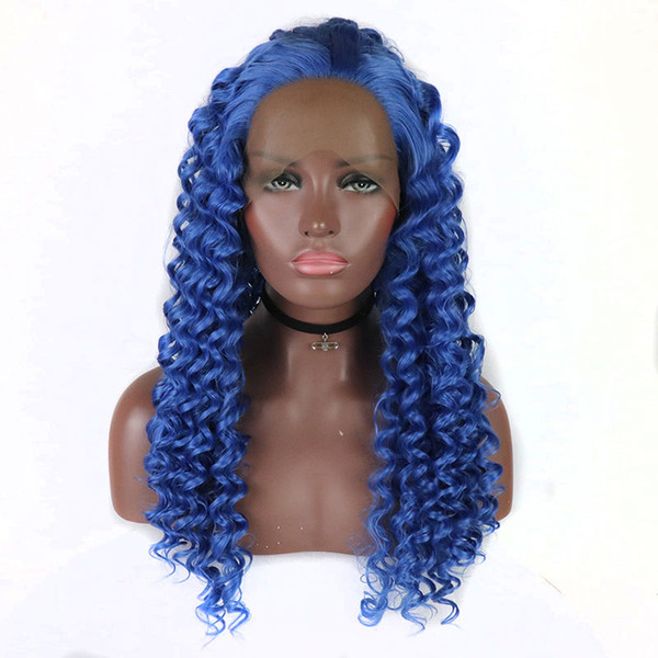 Long Kinky Curly Synthetic Hair Lace Front Wigs Light Blue Heat Resistant Fiber Hair Natural Hairline For White Women